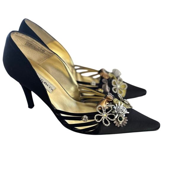 Vintage Y2K Black Pointed Toe Heel Floral Rhinestone Embellished - Picture 1 of 8